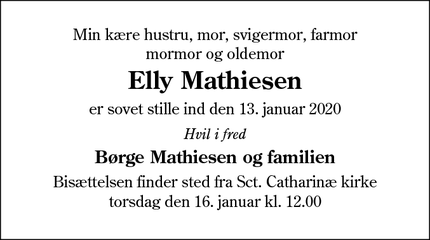 Dødsannoncen for Elly Mathiesen - Ribe