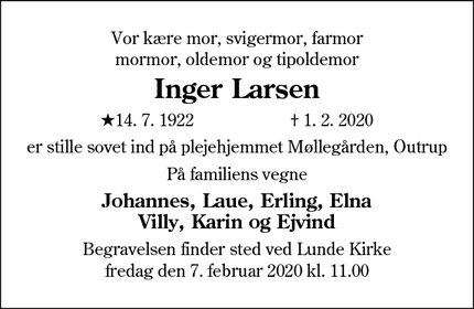 Dødsannoncen for Inger Larsen - Outrup