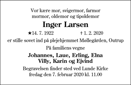 Dødsannoncen for Inger Larsen - Outrup