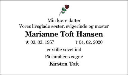 Dødsannoncen for Marianne Toft Hansen - Varde 