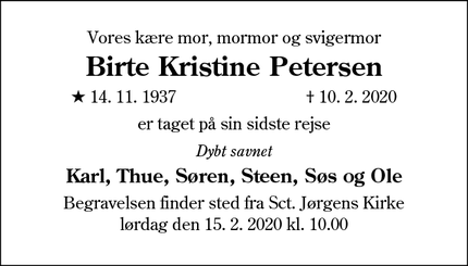 Dødsannoncen for Birte Kristine Petersen - Aabenraa