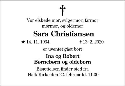 Dødsannoncen for  Sara Christiansen - Haderslev