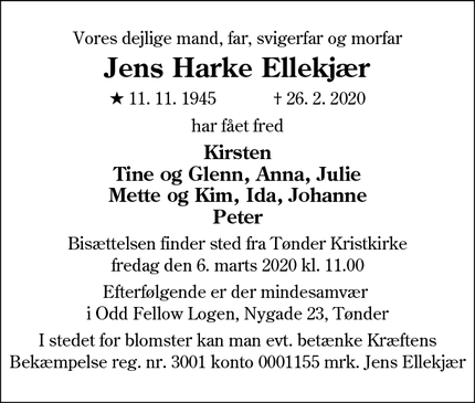 Dødsannoncen for  Jens Harke Ellekjær - Tønder
