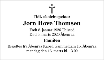 Dødsannoncen for Jørn Hove Thomsen - Åbenraa