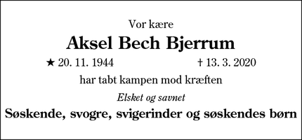 Dødsannoncen for Aksel Bech Bjerrum - RIBE