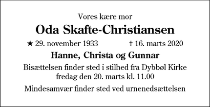 Dødsannoncen for Oda Skafte-Christiansen - Dybbøl
