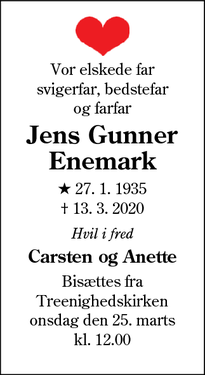 Dødsannoncen for Jens Gunner Enemark - Esbjerg