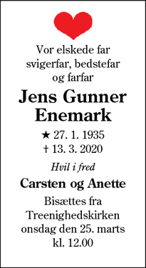 Dødsannoncen for Jens Gunner Enemark - Esbjerg