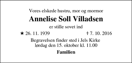 Dødsannoncen for Annelise Soll Villadsen  - Jels