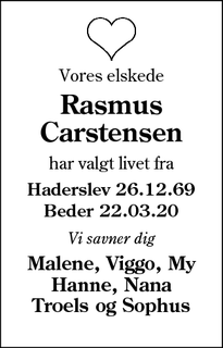 Dødsannoncen for Rasmus
Carstensen - Beder
