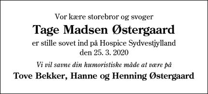 Dødsannoncen for Tage Madsen Østergaard - ESBJERG
