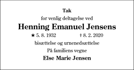 Dødsannoncen for Henning Emanuel Jensens - Brædstrup
