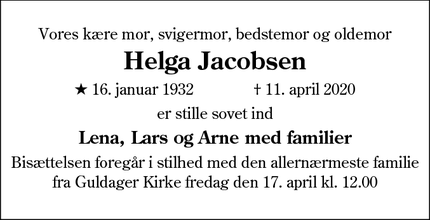 Dødsannoncen for Helga Jacobsen - Esbjerg