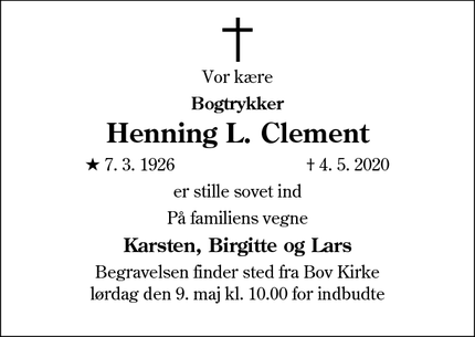 Dødsannoncen for Henning L. Clement - Bov