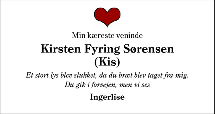 Dødsannoncen for Kirsten Fyring Sørensen
(Kis) - Hjerting