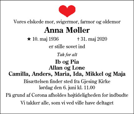 Dødsannoncen for Anna Møller - Esbjerg