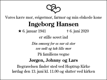 Dødsannoncen for Ingeborg Hansen - Hoptrup