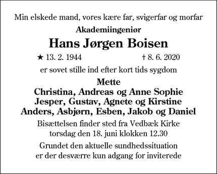 Dødsannoncen for Hans Jørgen Boisen - Vedbæk