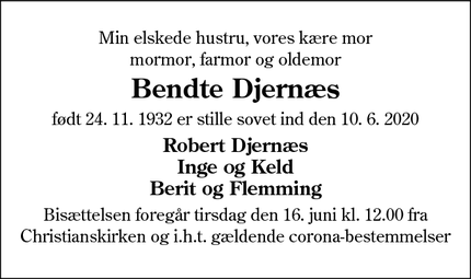 Dødsannoncen for Bendte Djernæs - Sønderborg