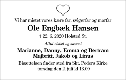 Dødsannoncen for Ole Engbæk Hansen  - Holsted st. 
