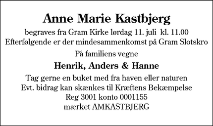 Dødsannoncen for Anne Marie Kastbjerg - Rødding