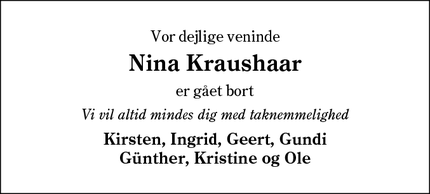 Dødsannoncen for Nina Kraushaar - Rødekro
