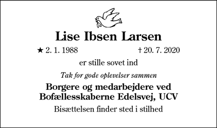 Dødsannoncen for Lise Ibsen Larsen - Esbjerg