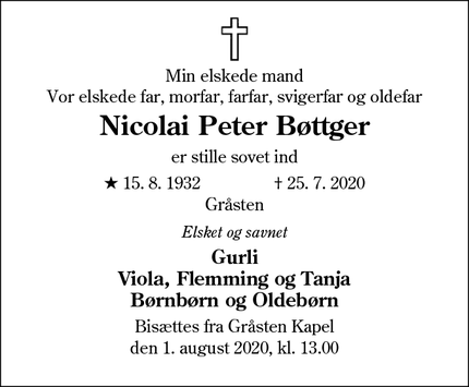 Dødsannoncen for Nicolai Peter Bøttger - Gråsten