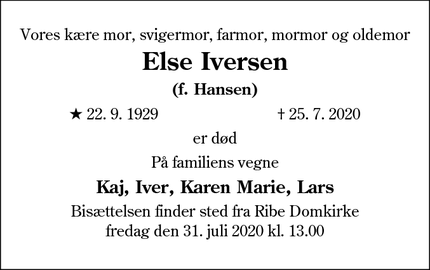 Dødsannoncen for Else Iversen - Ribe