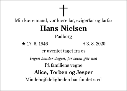 Dødsannoncen for Hans Nielsen - Padborg