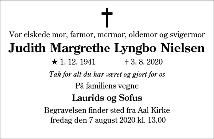 Dødsannoncen for Judith Margrethe Lyngbo Nielsen - Roskilde