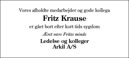 Dødsannoncen for Fritz Krause - Vojens
