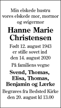 Dødsannoncen for Hanne Marie Christensen - Frederiksberg
