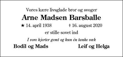 Dødsannoncen for Arne Madsen Barsballe - Rødding