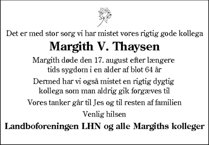 Dødsannoncen for Margith V. Thaysen - Tinglev