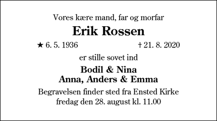 Dødsannoncen for Erik Rossen - Rødekro