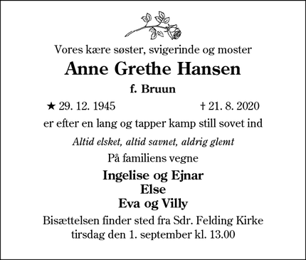 Dødsannoncen for Anne Grethe Hansen - Bramming 