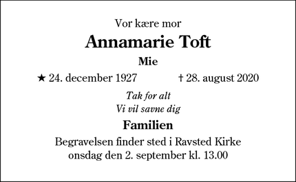 Dødsannoncen for Annamarie Toft - Ravsted (6372)