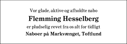 Dødsannoncen for Flemming Hesselberg - Toftlund, Danmark