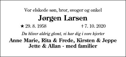 Dødsannoncen for Jørgen Larsen - Rejsby