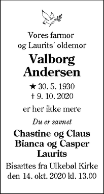 Dødsannoncen for Valborg
Andersen - Sønderborg
