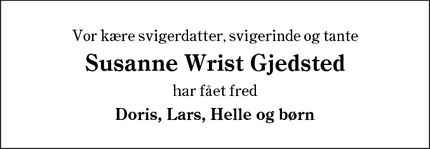 Dødsannoncen for Susanne Wrist Gjedsted - Haderslev