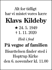 Dødsannoncen for Klavs Kildeby - Haderslev