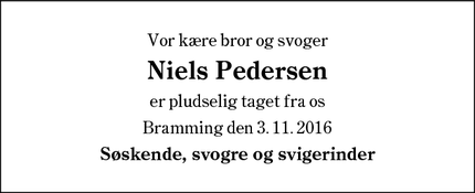 Dødsannoncen for Niels Pedersen - Bramming