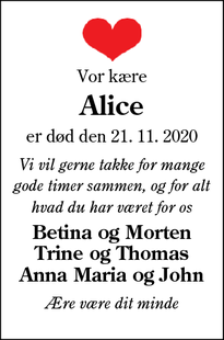 Dødsannoncen for  Alice - Ringe