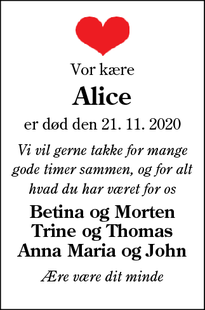 Dødsannoncen for  Alice - Ringe