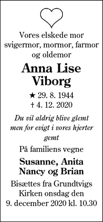 Dødsannoncen for Anna Lise Viborg - Esbjerg