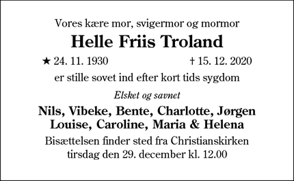 Dødsannoncen for Helle Friis Troland - Sønderborg
