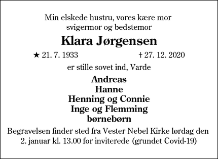 Dødsannoncen for Klara Jørgensen - Varde