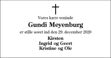 Dødsannoncen for Gundi Meyenburg - Aabenraa